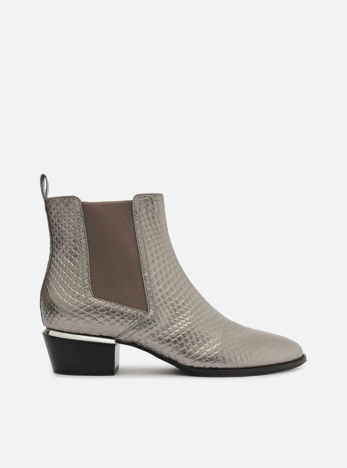 Bota Prata Couro Skin Cano Curto Salto Baixo