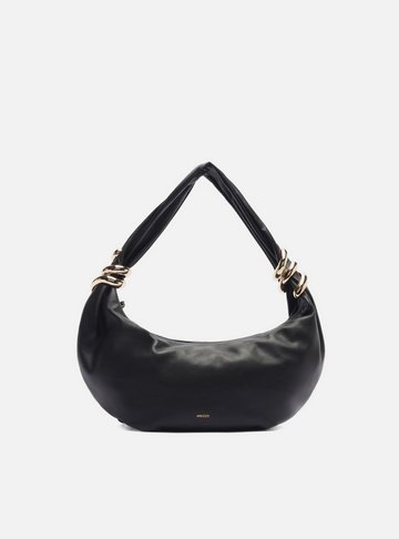 Arezzo — Bolsa Hobo Preta Couro Média Argolas Douradas