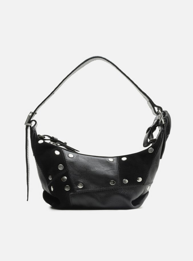 Bolsa Hobo Preta Couro Pequena Recortes Tachas