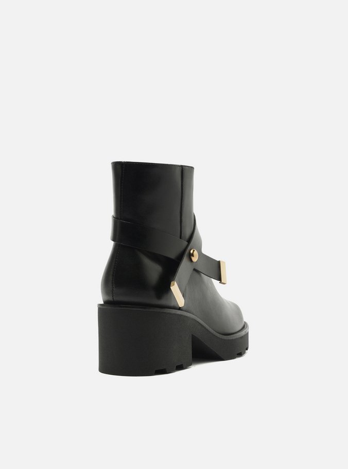 Bota Preta Couro Cano Curto Salto Alto Tira