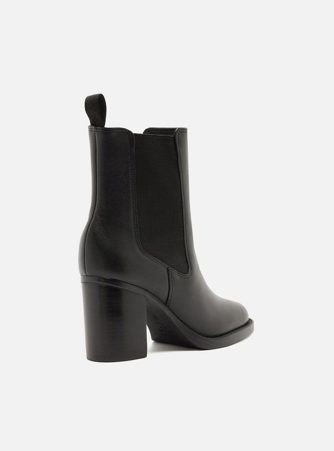 Bota Preta Couro Cano Curto Salto Médio Elástico
