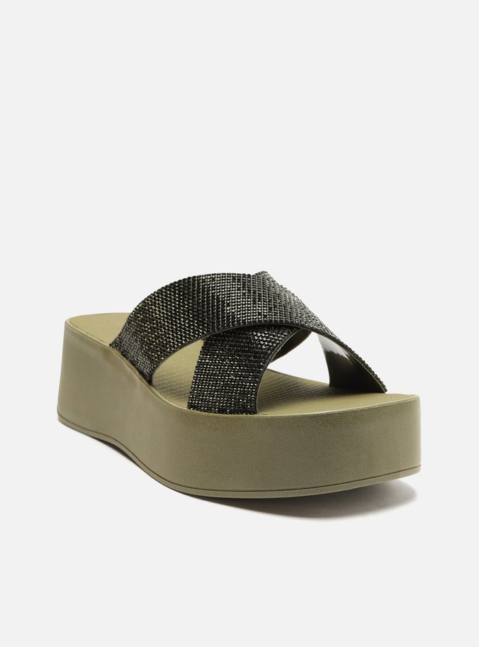 Tamanco Verde Flatform Tiras Strass Lulu