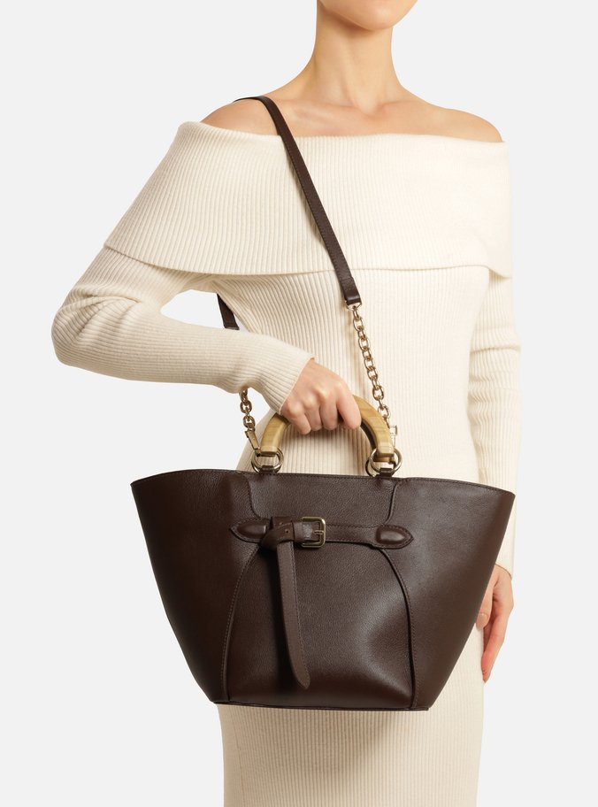 Bolsa Tote Marrom Couro Grande Alça Madeira