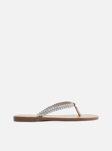 Rasteira Prateada Flat Flip Flop Trançada