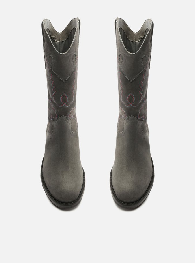 Bota Cinza Acamurçada Cano Longo Bordado Western