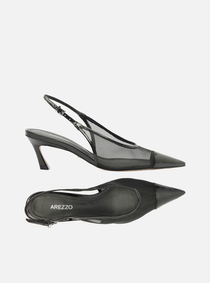 Scarpin Preto Tela Salto Kitten Bico Fino
