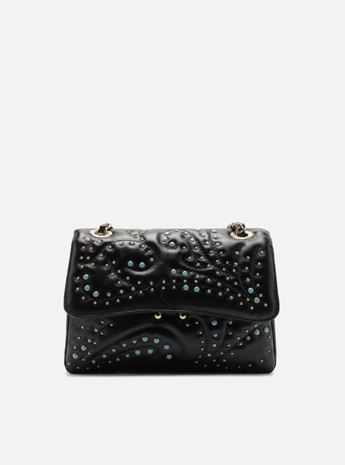 Bolsa Tiracolo Preta Couro Mizz Média Tachas Azuis