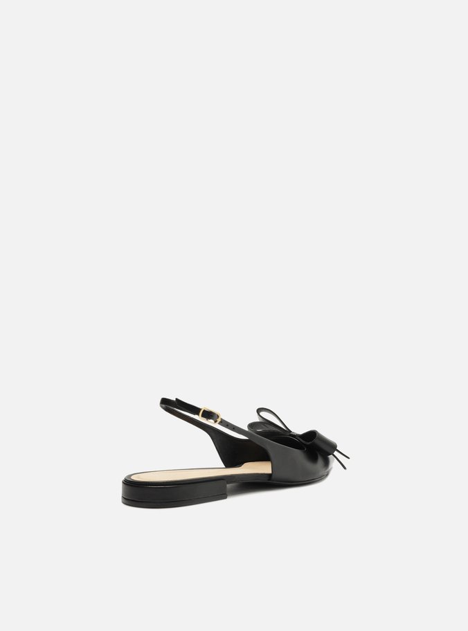 Sapatilha Preta Couro Slingback Laço Lateral