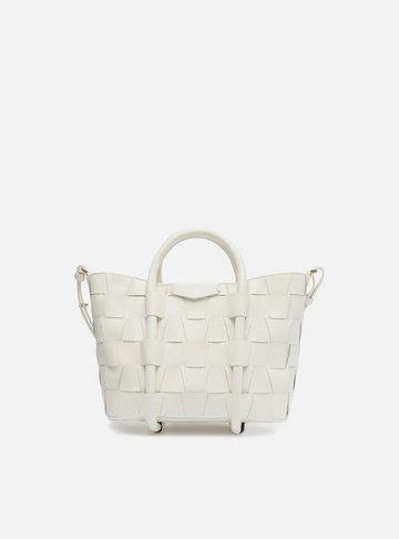 Bolsa Tote Branca Couro Média Tressê Geométrico