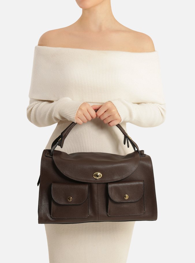 Bolsa Bowling Marrom Couro Grande Bolsos Frontais