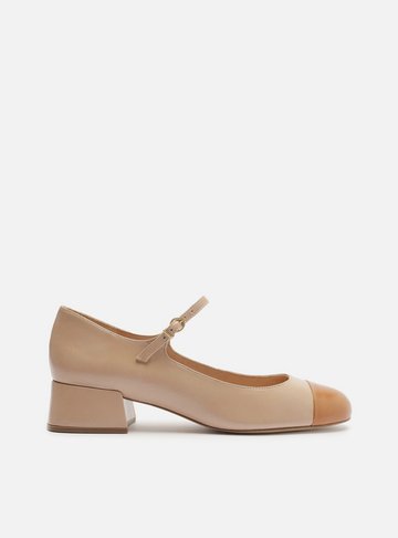 Sapato Boneca Bege Couro Salto Baixo Cap Toe