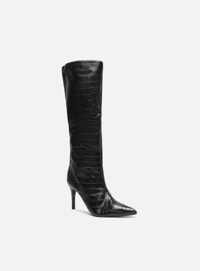 Bota Preta Croco Cano Longo Salto Fino