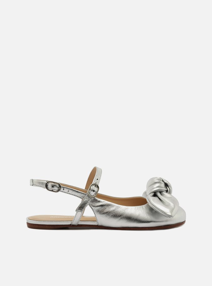 Sapatilha Boneca Prata Couro Slingback Laço