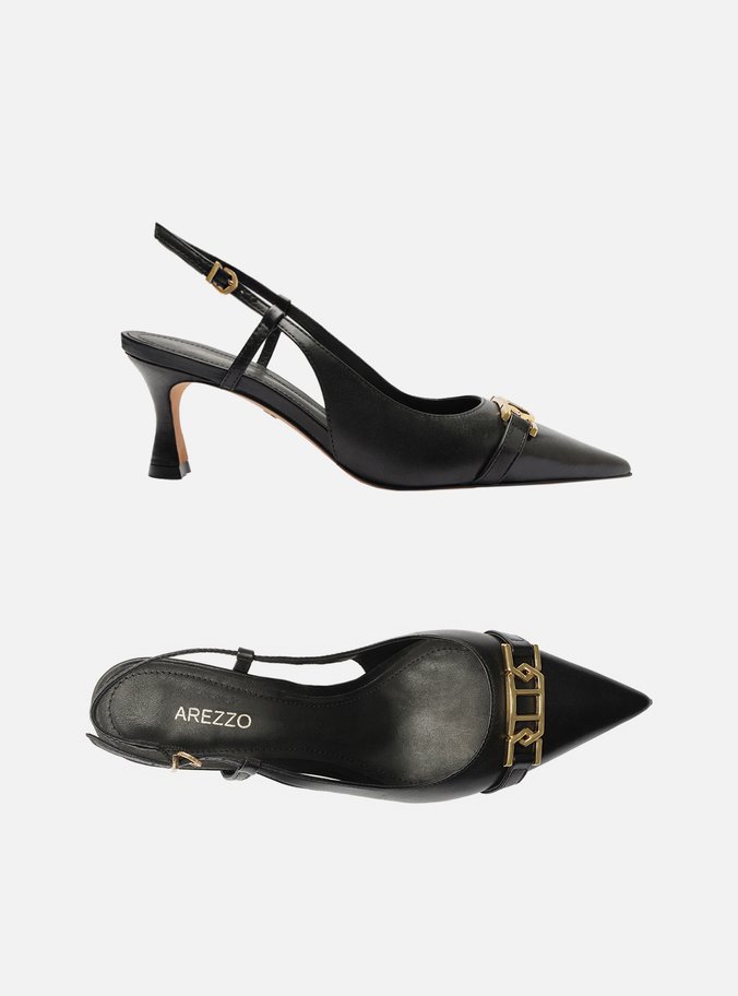 Scarpin Preto Couro Bico Fino Slingback Metal