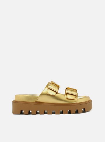 Sandália Metalizada Couro Flatform Tratorada
