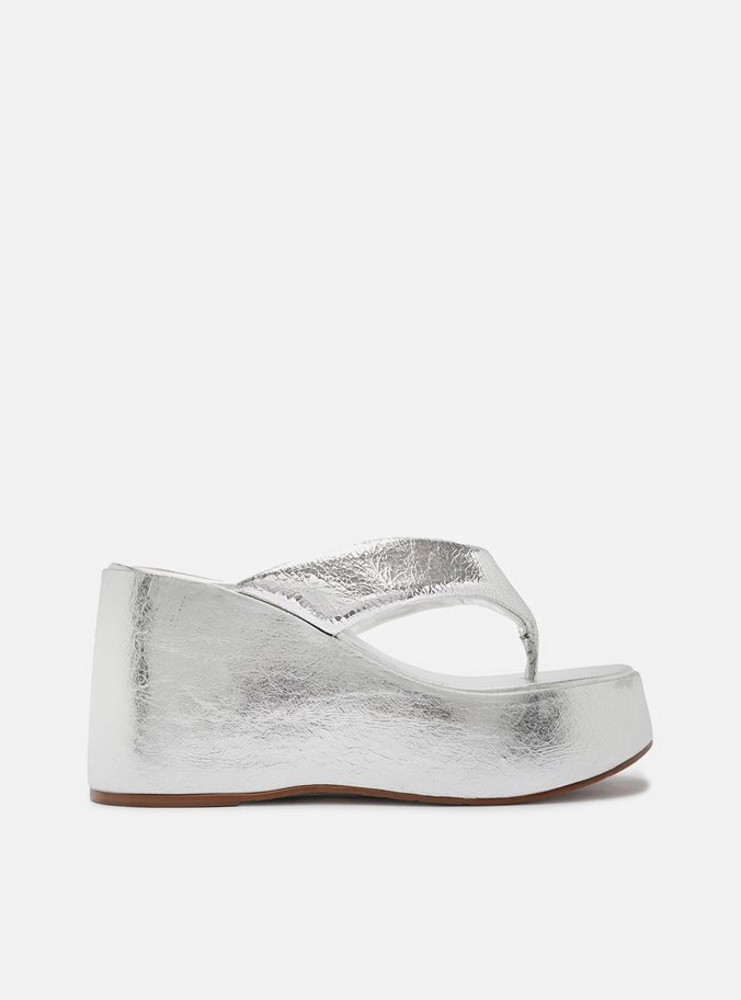 Sandália Prata Couro Plataforma Flip Flop TIG