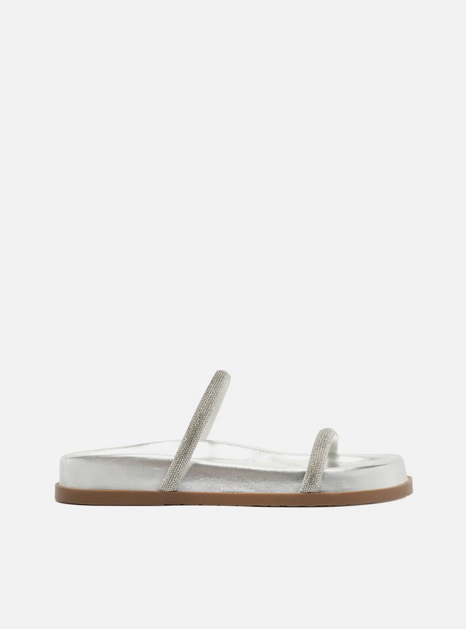 Sandália Rasteira Prata Tiras Finas Strass
