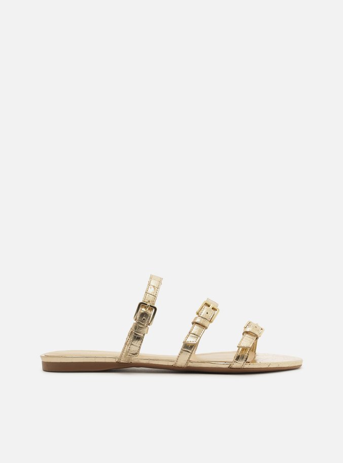 Rasteira Dourada Croco Tiras Fivelas