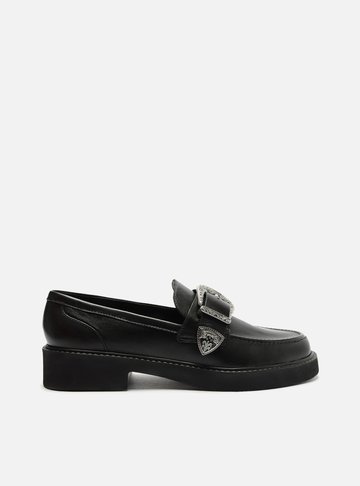 Mocassim Preto Couro Fivela Western