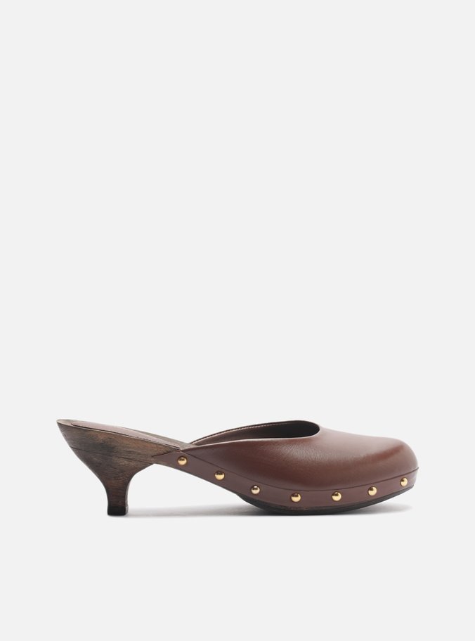 Mule Clog Marrom Couro Salto Baixo