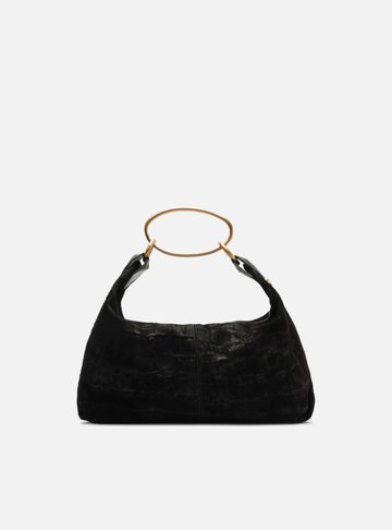 Bolsa Tote Preta Suede Croco Média