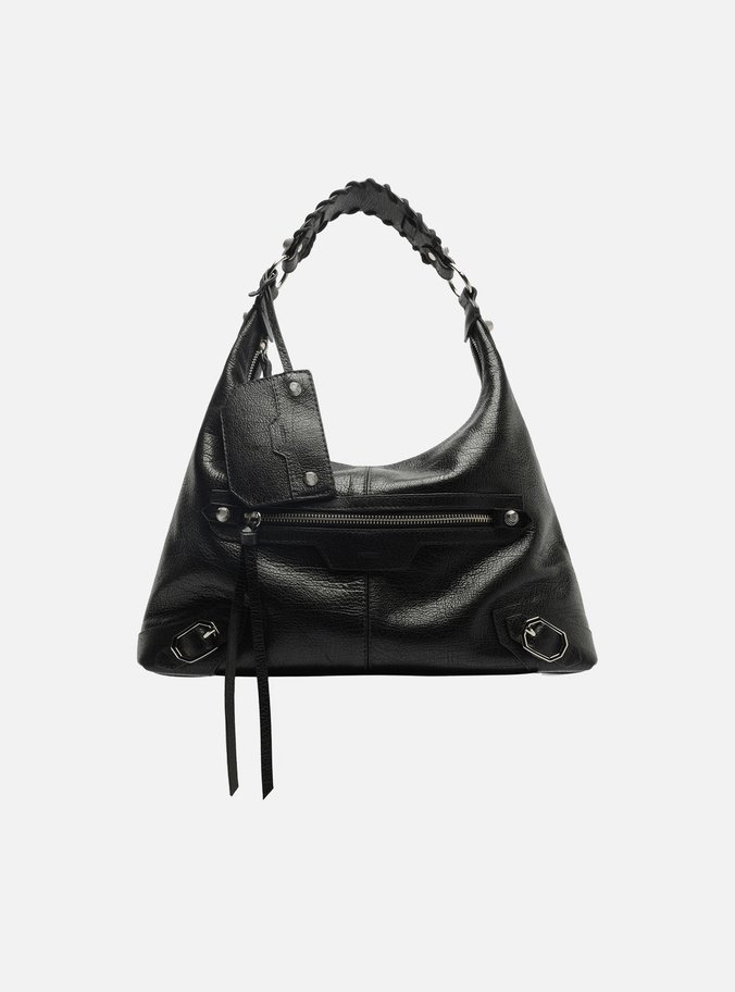 Bolsa Hobo Preta Couro Média Alça Tressê