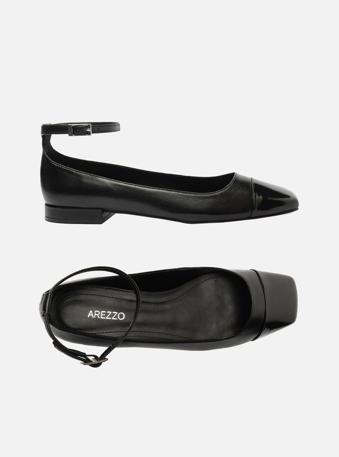 Sapatilha Boneca Preta Couro Cap Toe Fivela
