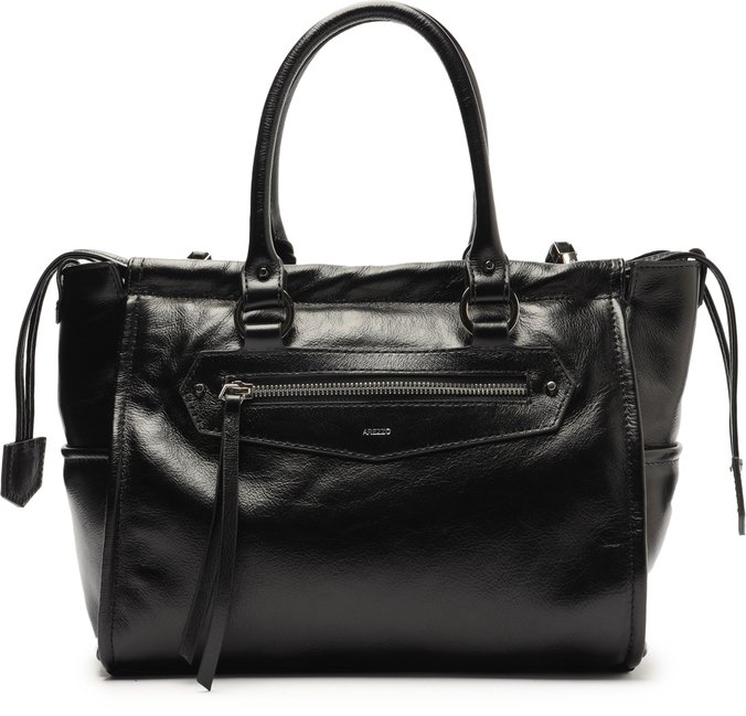 Bolsa Tote Preta Couro Média Bolso Frontal