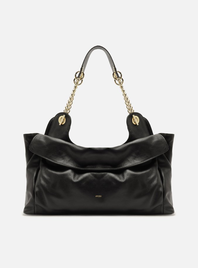 Bolsa Tote Preta Couro Grande Franzida