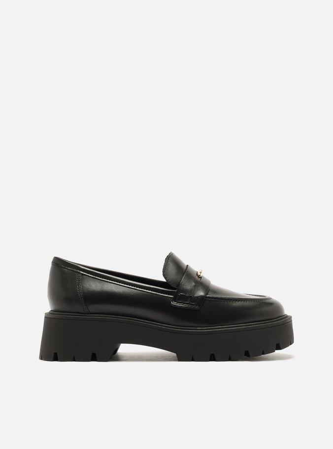 Mocassim Preto Couro Salto Tratorado Metais