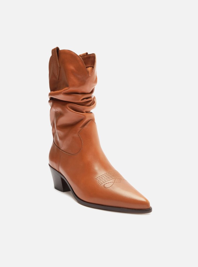 Bota Marrom Couro Cano Curto Franzido Western
