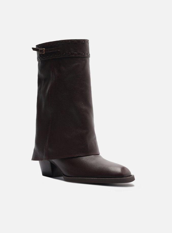 Bota Marrom Couro Cano Curto Polaina Folk