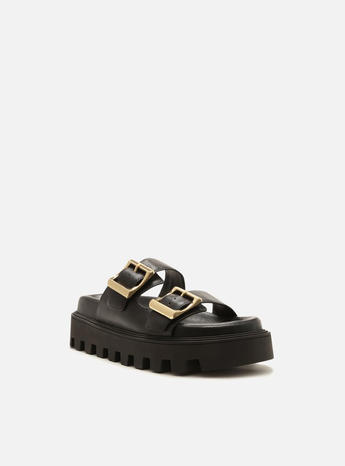Sandália Preta Couro Flatform Tratorada