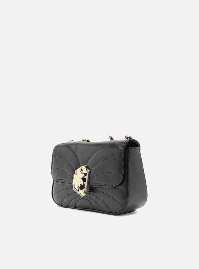Bolsa Tiracolo Preta Couro Pequena Metal Flor