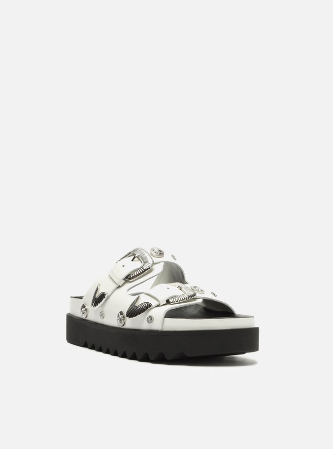 Sandália Branca Couro Flatform Fivelas Metais