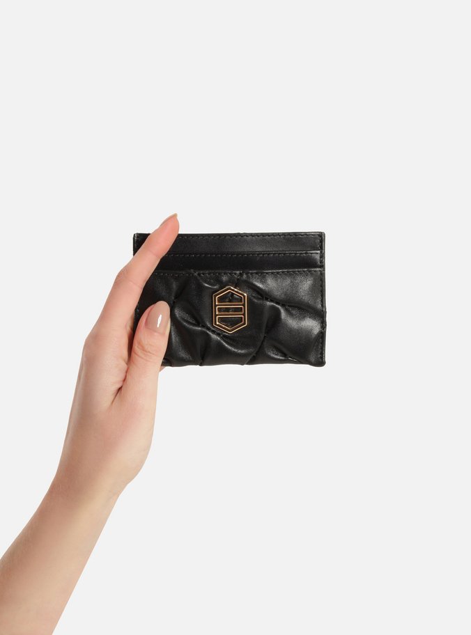 Porta-Cartões Preto Couro Costuras Metal