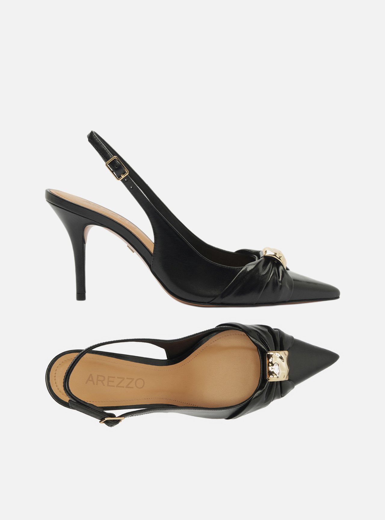 Scarpin Preto Couro Bico Fino Slingback Metal — foto 6