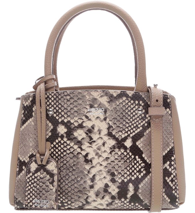 Bolsa Tote Couro Pequena Taupe Beige e Snake