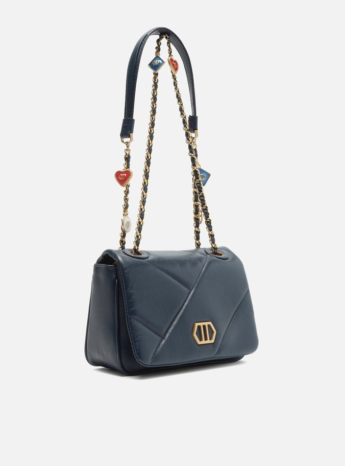 Bolsa Tiracolo Azul Couro Pequena Pingentes