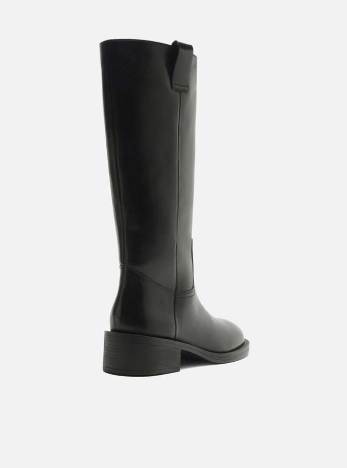 Bota Preta Couro Cano Longo Salto Bloco Tiras