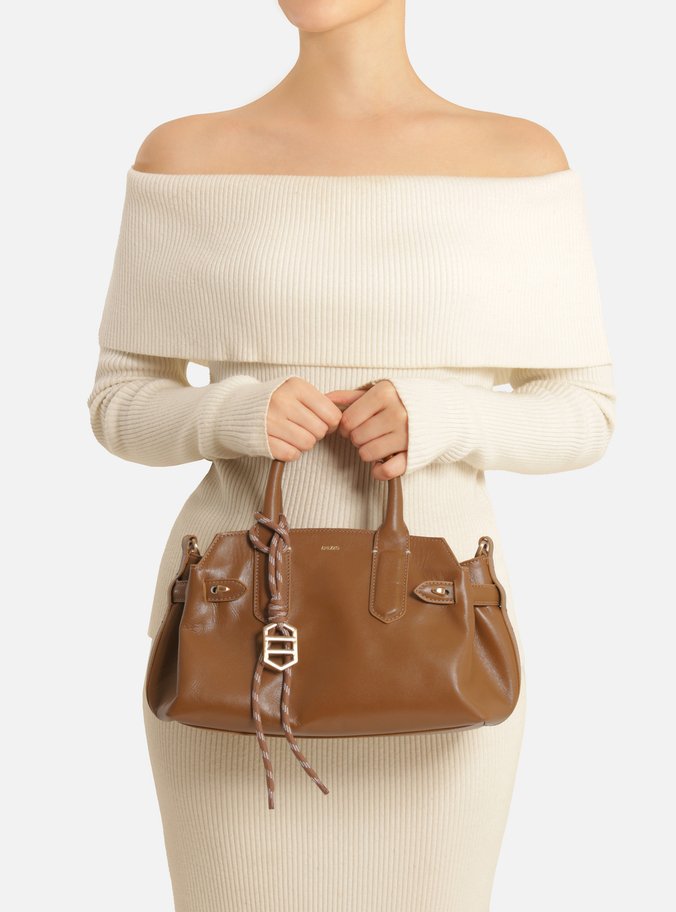 Bolsa Tote Marrom Couro Média Bag Charm Metal