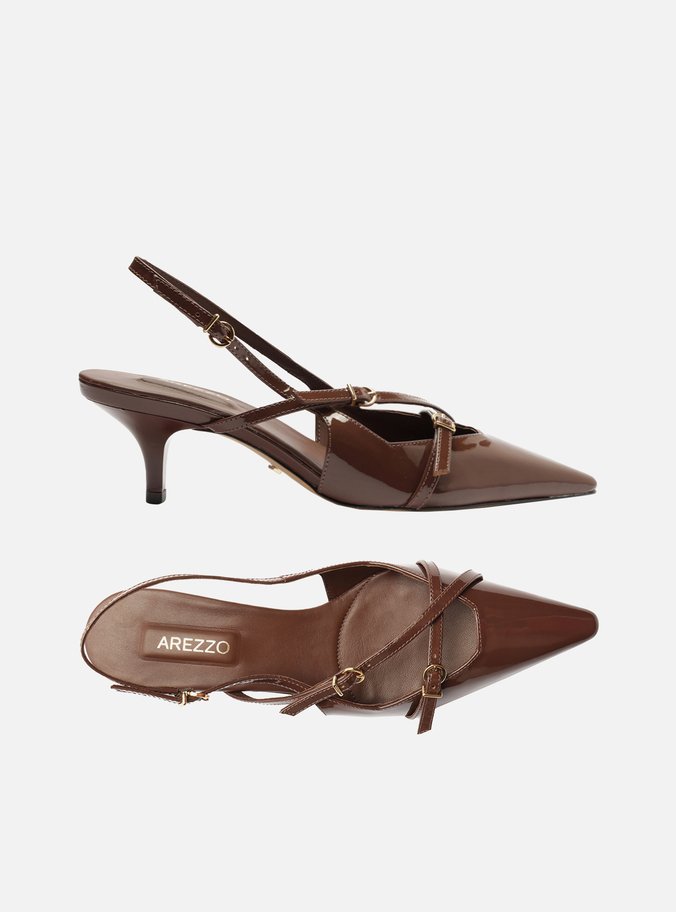 Scarpin Marrom Verniz Salto Médio Slingback Amélia