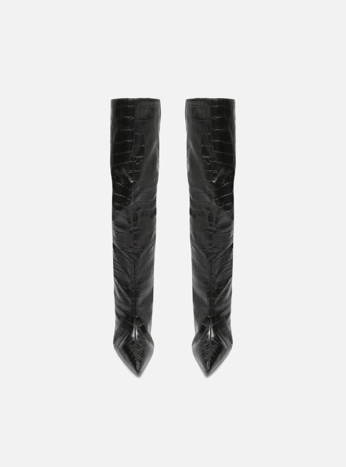 Bota Preta Croco Cano Longo Salto Fino