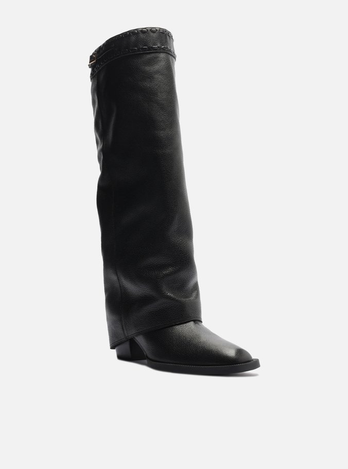 Bota Preta Couro Cano Longo Polaina Folk