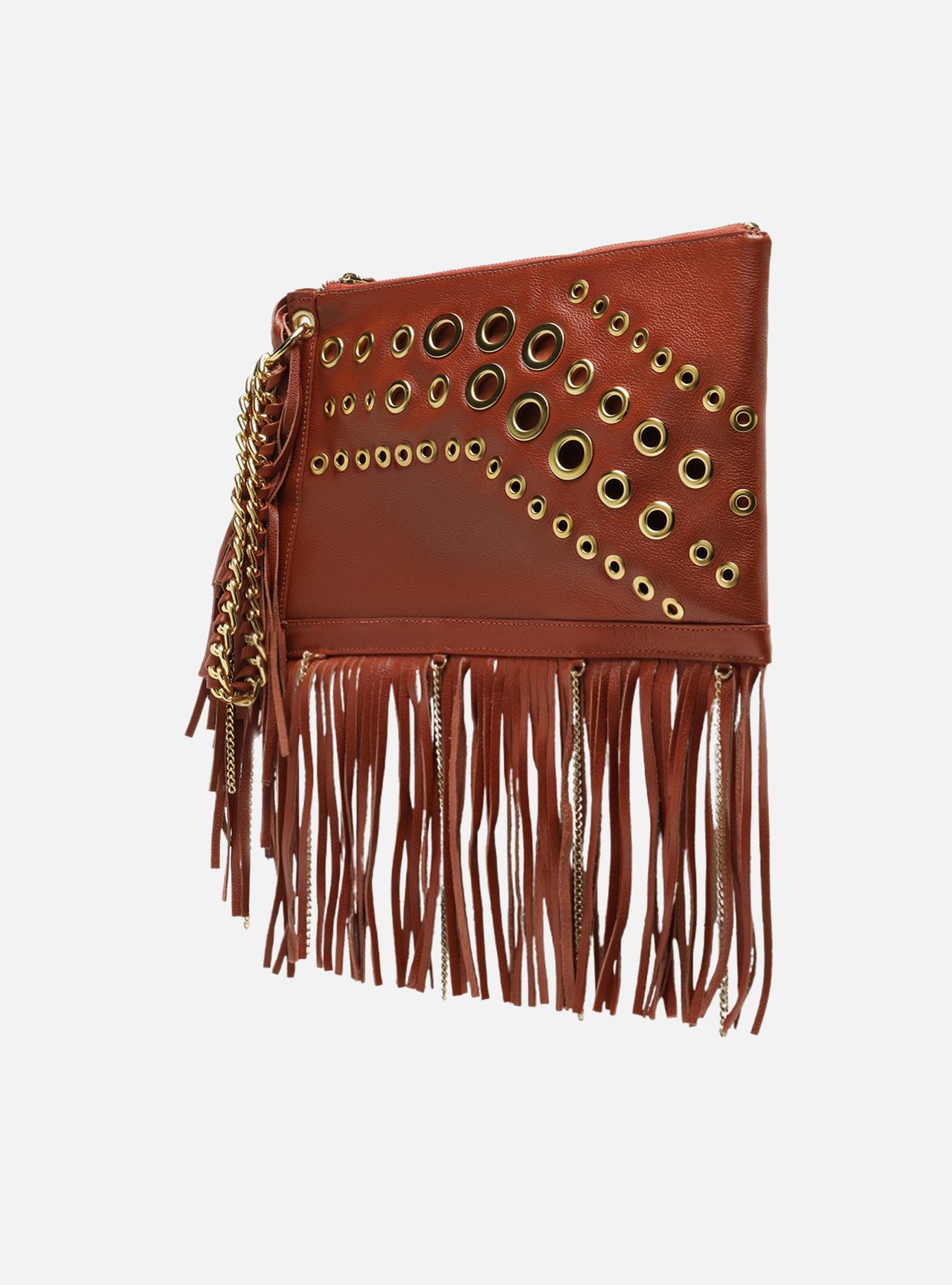 Clutch Laranja Couro Média Franjas Ilhoses — foto 2