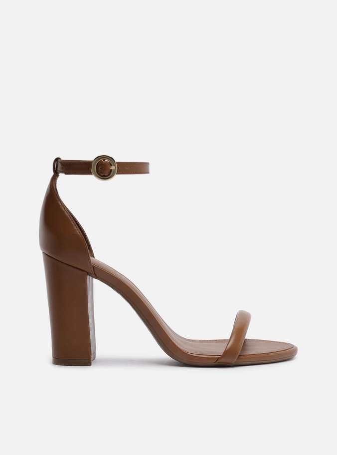 Sandália Marrom Couro Salto Alto Bloco Básica