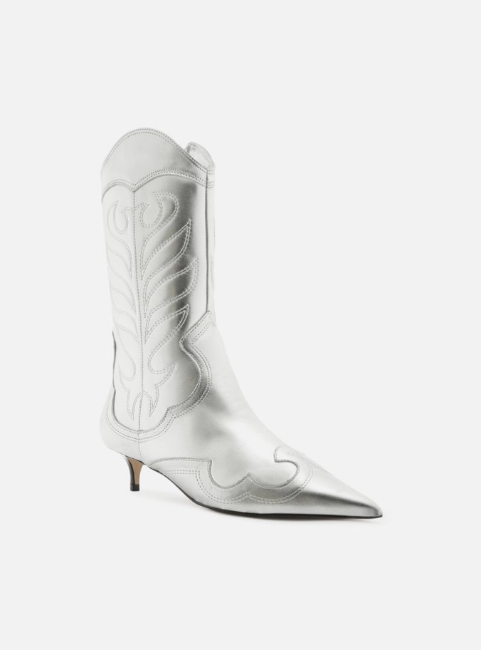 Bota Prata Couro Cano Médio Salto Fino Western