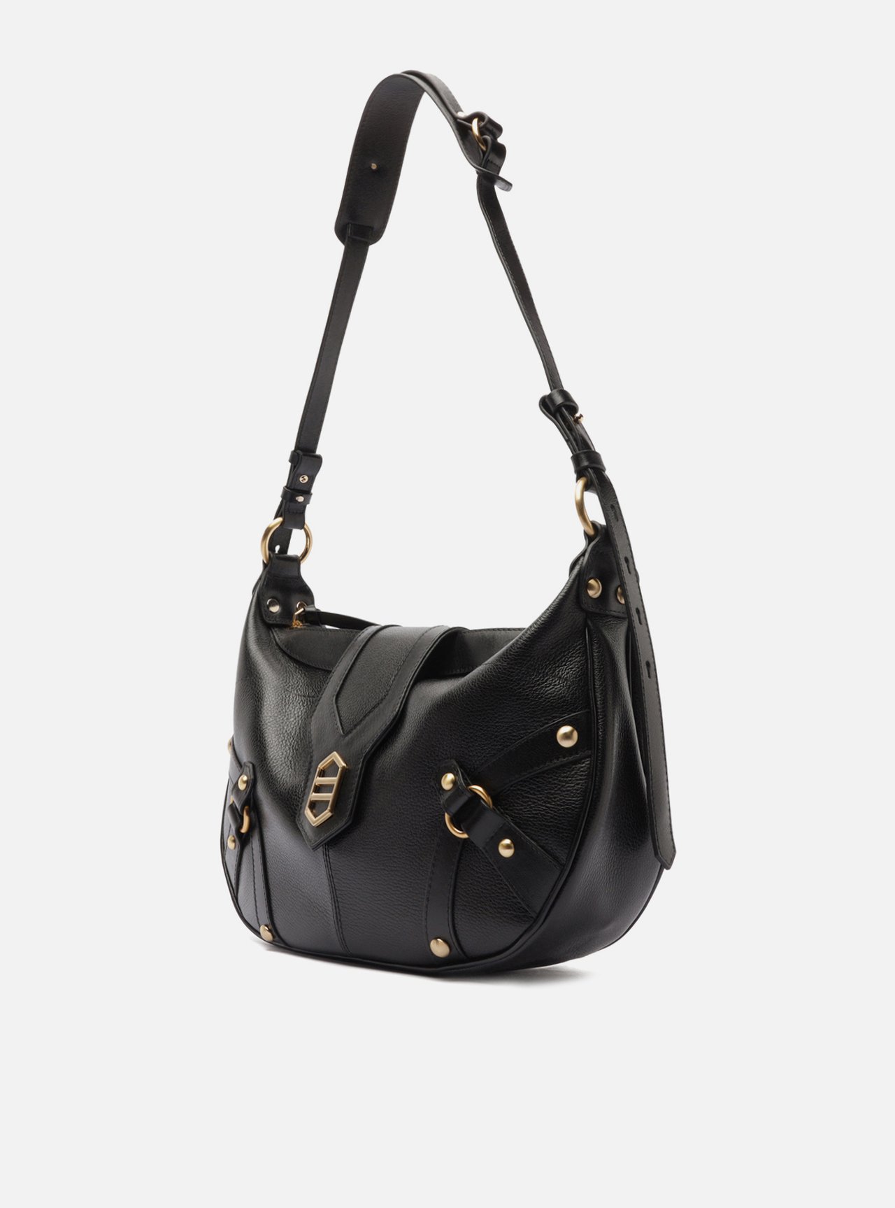 Bolsa Shoulder Preta Couro Grande Tiras Metais — foto 2