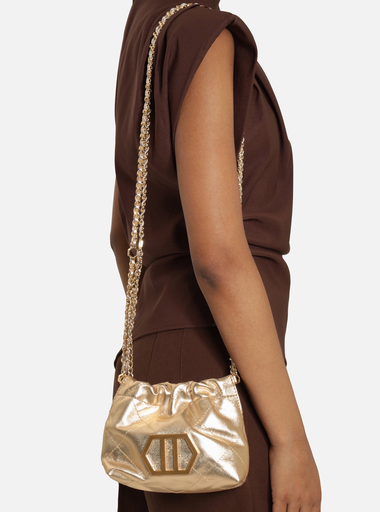 Bolsa Tiracolo Dourada Couro Pequena Corrente Dourada