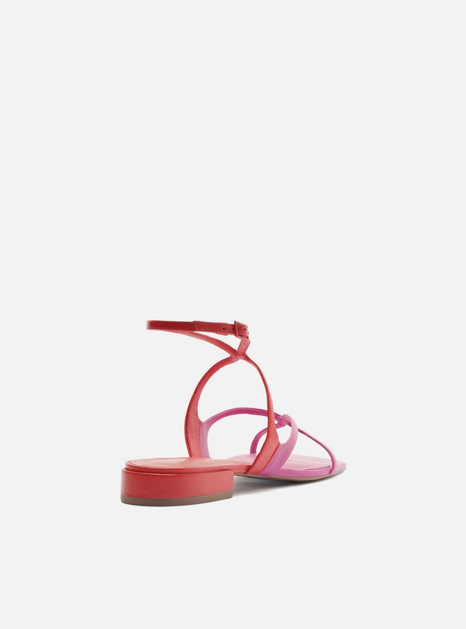 Sandália Rasteira Vermelha Couro Rosa Tiras